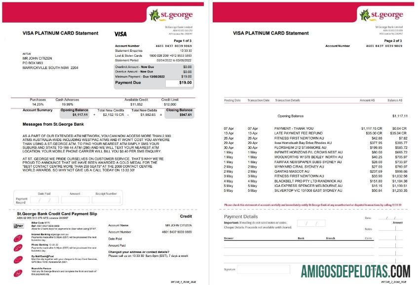 Exemplo de extrato de cartão Visa do USA St. George Bank com 3 páginas